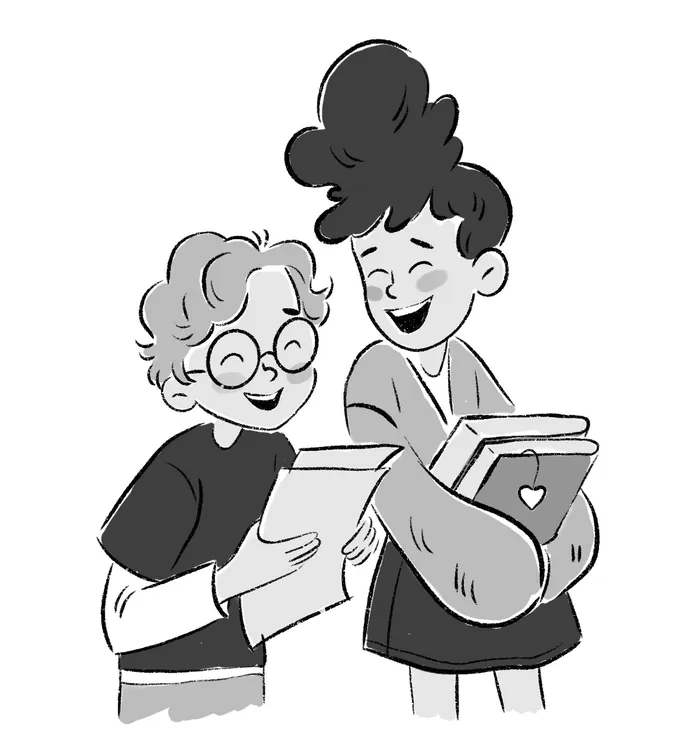 Two girls smiling and reading books together in black and white illustration.