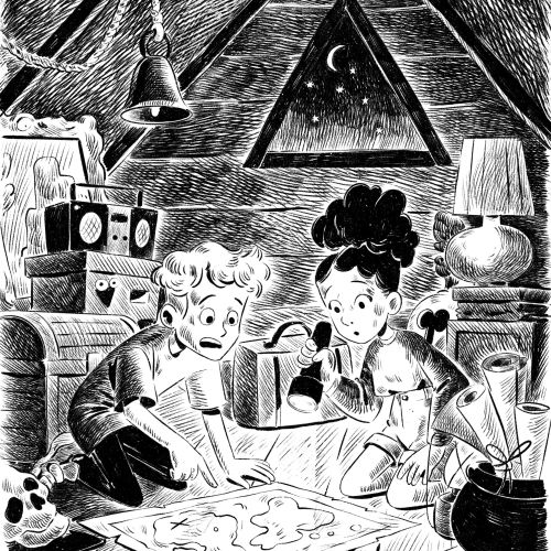 Two kids examining a glowing map in a dim attic under moonlight.
