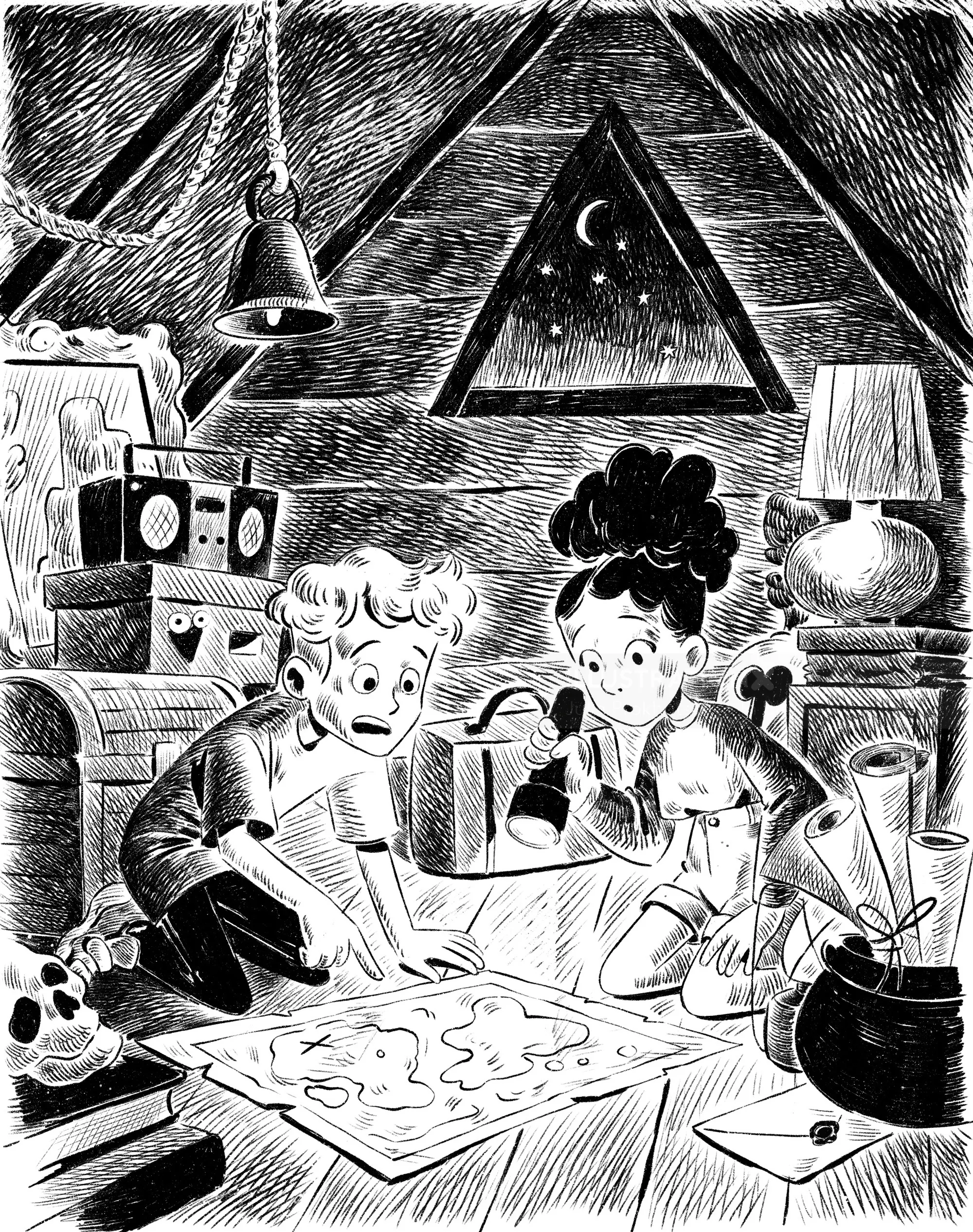 Two kids examining a glowing map in a dim attic under moonlight.