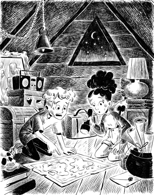 Two kids examining a glowing map in a dim attic under moonlight.
