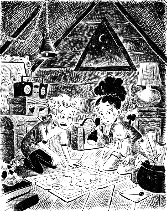 Two kids examining a glowing map in a dim attic under moonlight.