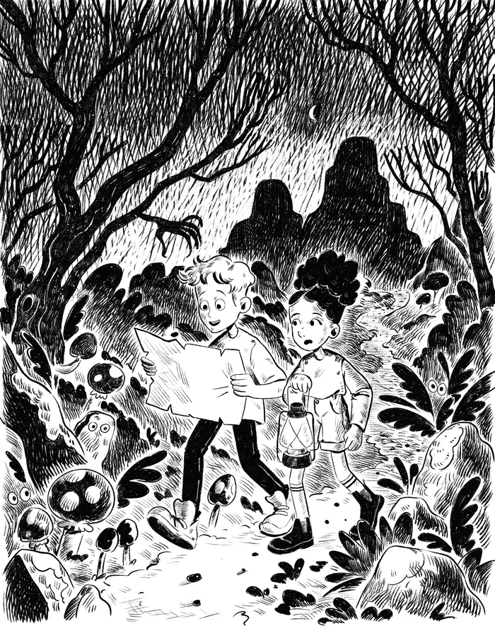Children holding map and lantern in dark forest surrounded by plants