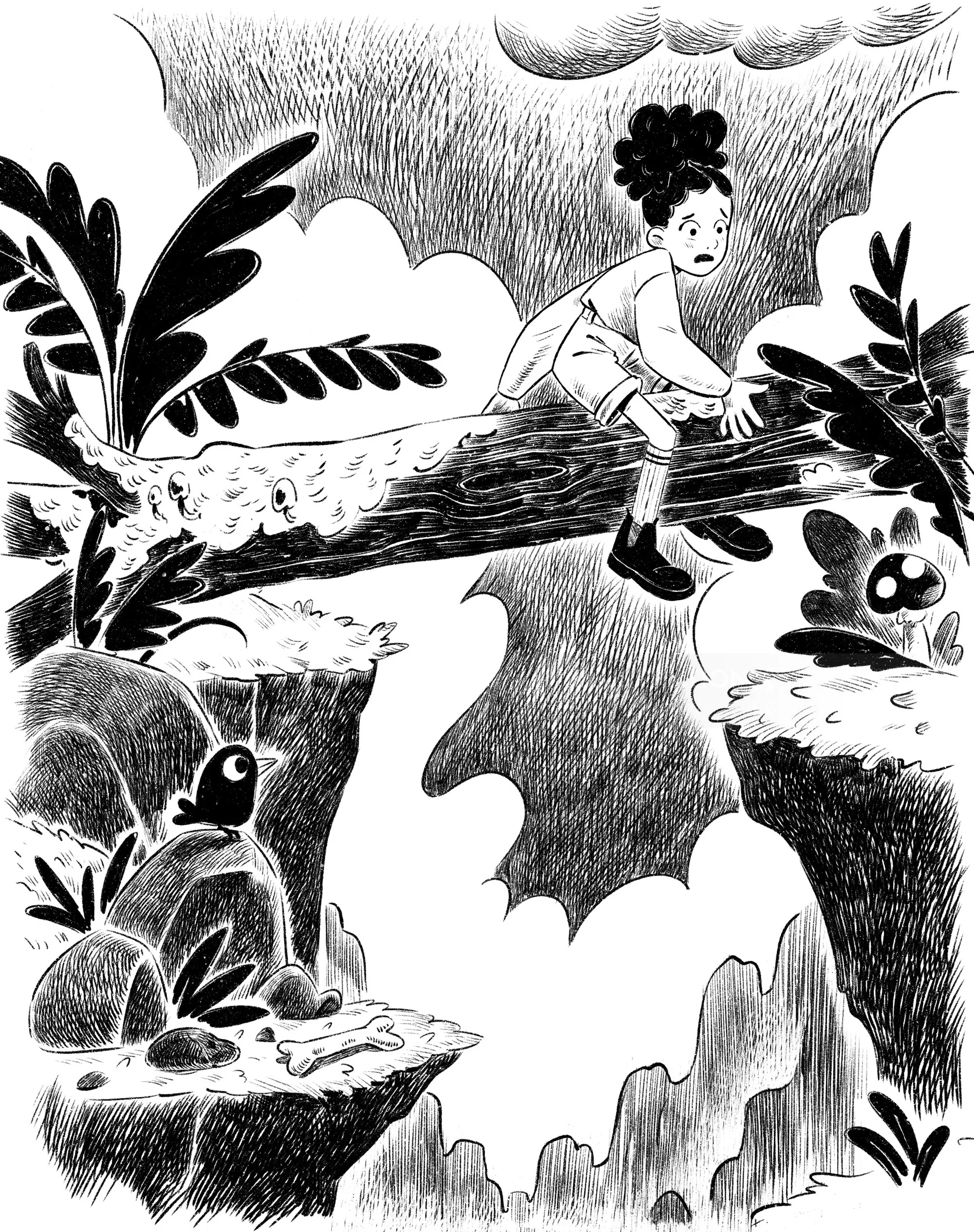 Child sitting on a tree branch over a rocky gap in black and white art