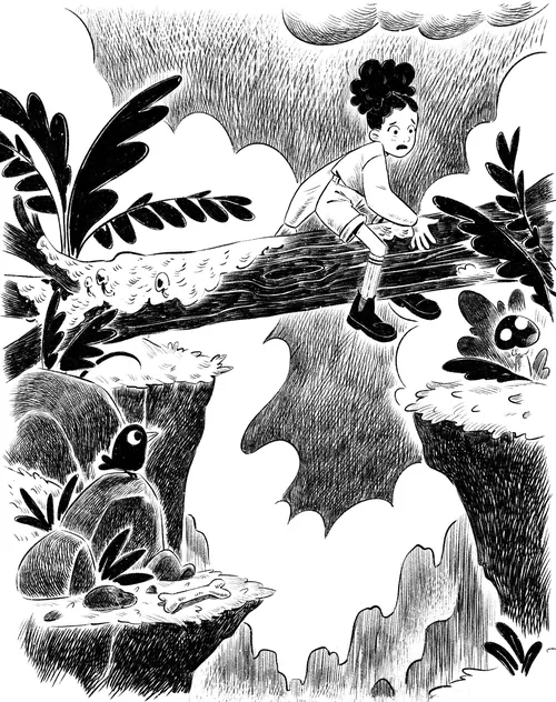 Child sitting on a tree branch over a rocky gap in black and white art