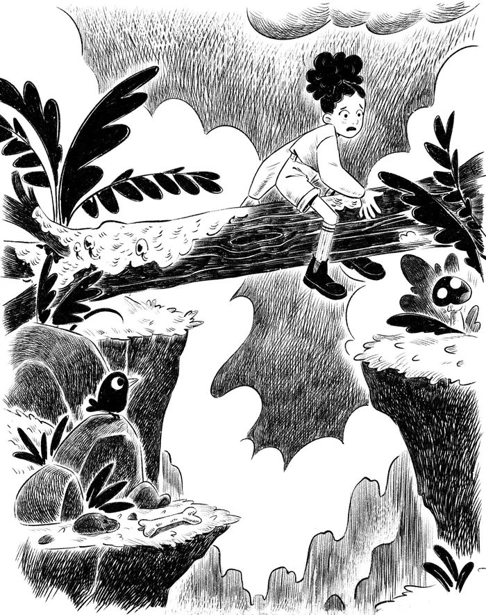 Child sitting on a tree branch over a rocky gap in black and white art