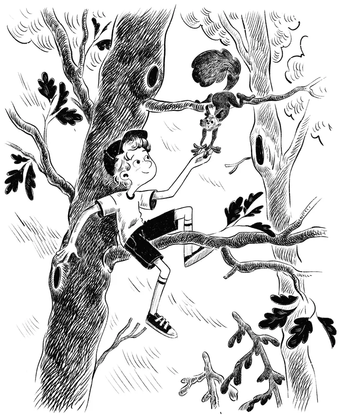 Young boy in shorts sitting on tree branch reaching toward bird