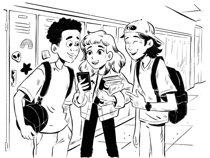 Three smiling students talking by lockers in school hallway