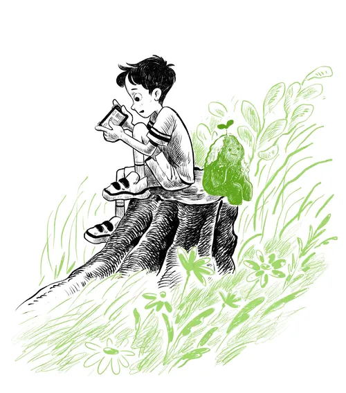 Child sketching while sitting on a tree stump in a green environment