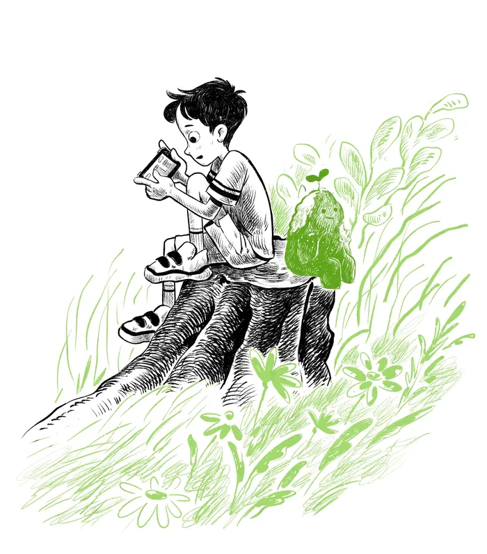 Child sketching while sitting on a tree stump in a green environment