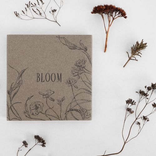 Book cover with BLOOM title and floral sketches surrounded by dried flowers