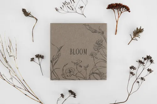 Book cover with BLOOM title and floral sketches surrounded by dried flowers