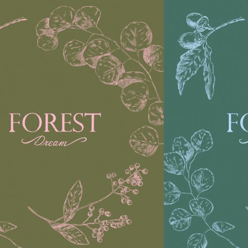 Three forest botanical floral design posters with different green, teal, and blue backgrounds