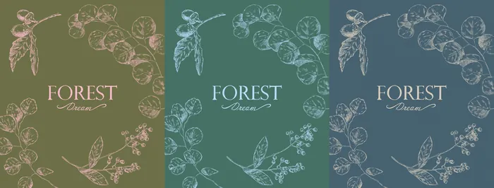 Three forest botanical floral design posters with different green, teal, and blue backgrounds