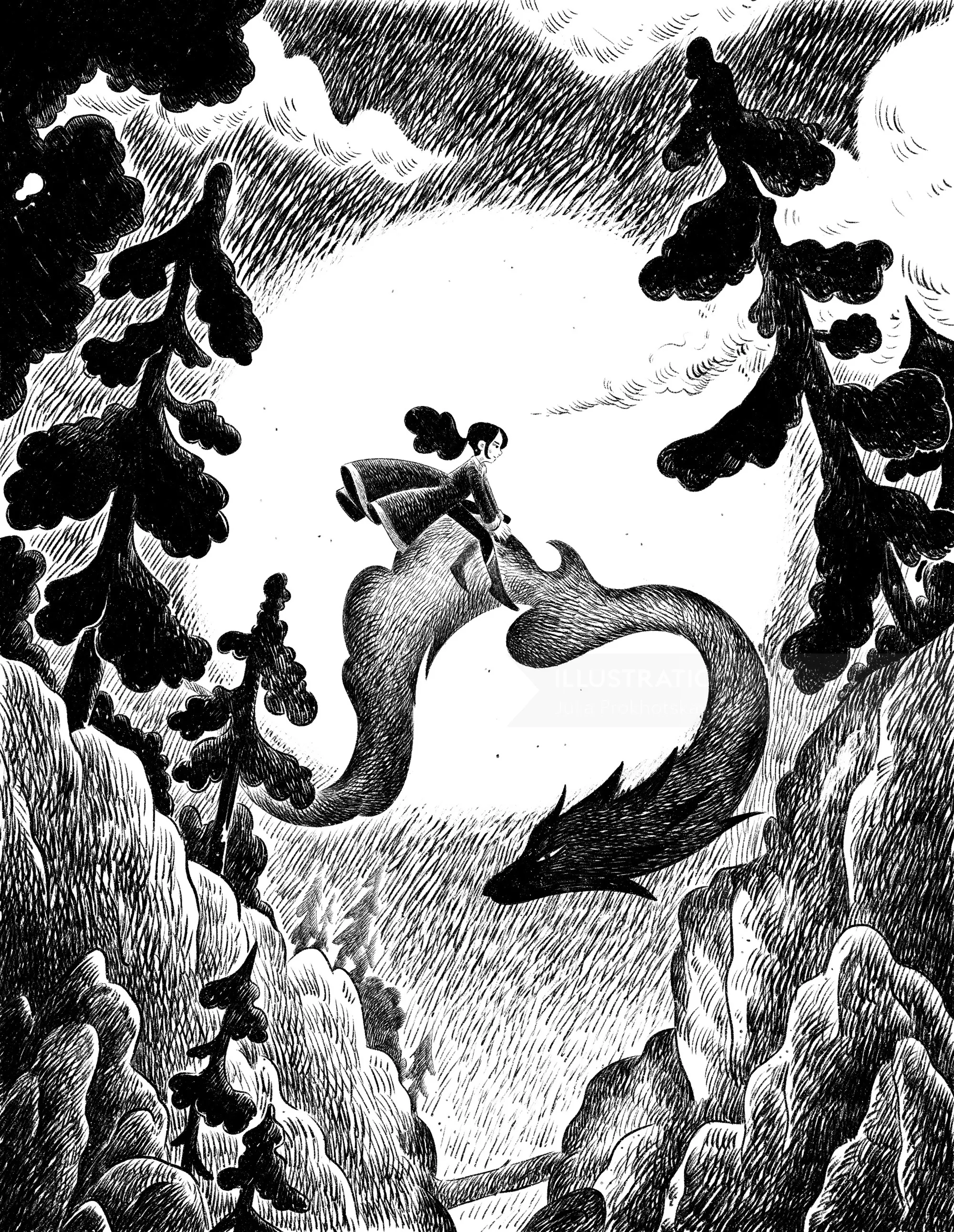 Black and white drawing of woman riding fish in forest by Julia Prokhotskaya
