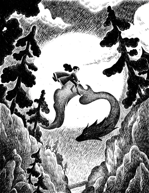 Black and white drawing of woman riding fish in forest by Julia Prokhotskaya