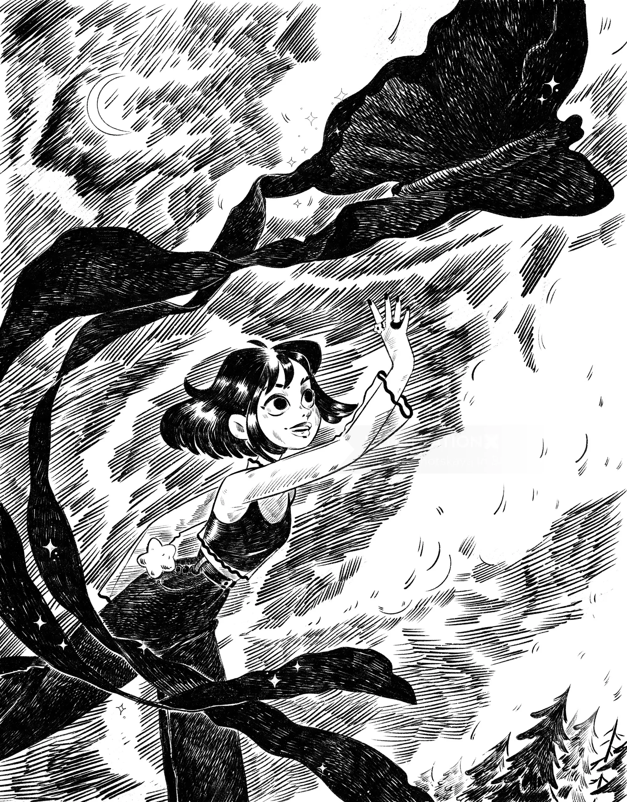 Black and white illustration of girl with flowing ribbon by Julia Prokhotskaya