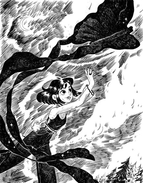 Black and white illustration of girl with flowing ribbon by Julia Prokhotskaya