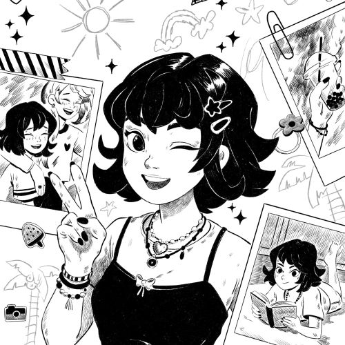 Black and white drawing of a winking girl showing peace sign by Julia Prokhotskaya