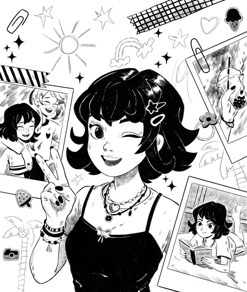 Black and white drawing of a winking girl showing peace sign by Julia Prokhotskaya