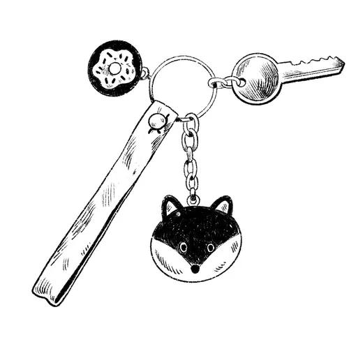 Black and white keychain illustration with cat face, donut charms, and key by Julia Prokhotskaya