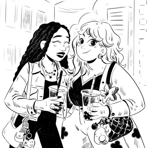 Black and white drawing of two women holding drinks, by Julia Prokhotskaya