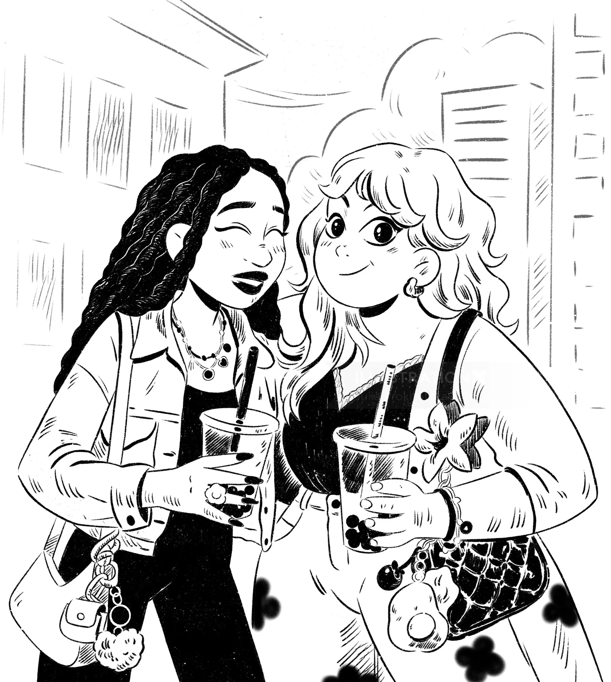 Black and white drawing of two women holding drinks, by Julia Prokhotskaya