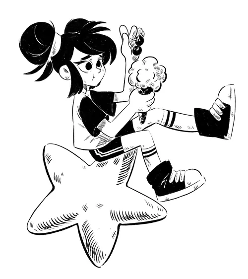 Black and white drawing of girl sitting on star holding ice cream by Julia Prokhotskaya
