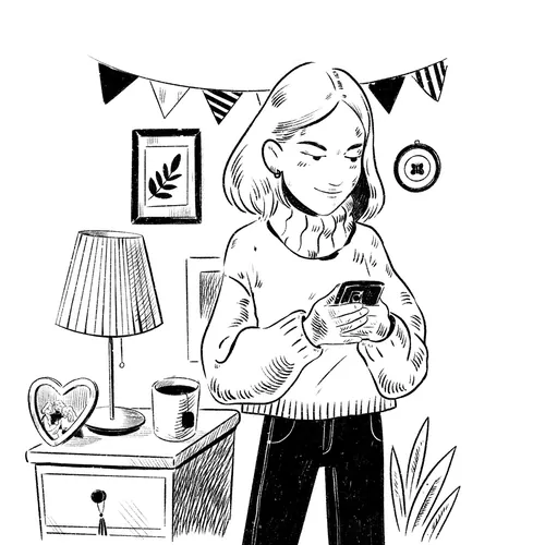 Black and white illustration of a woman using smartphone indoors by Julia Prokhotskaya