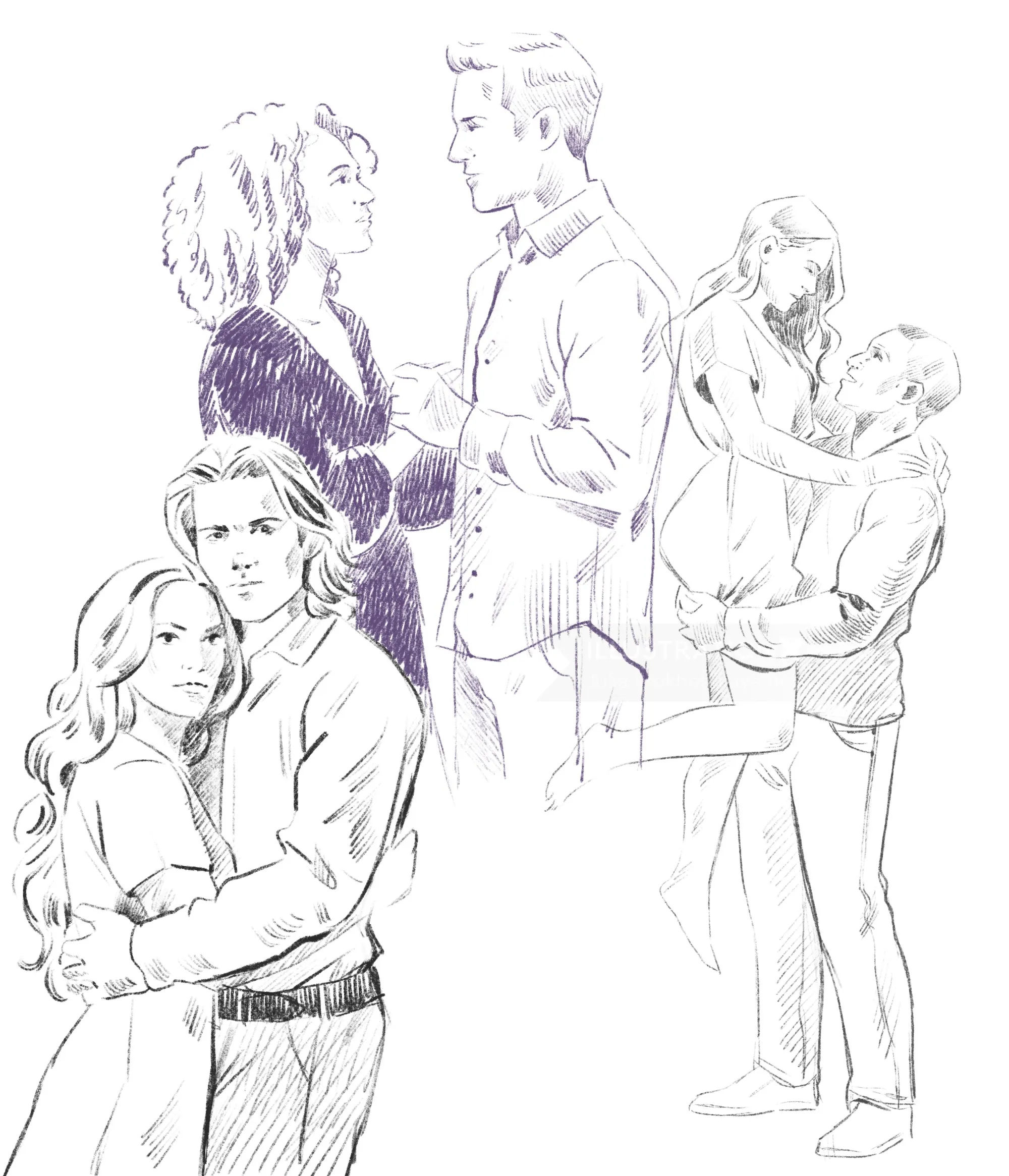 Black and white sketch of three couples embracing by Julia Prokhotskaya