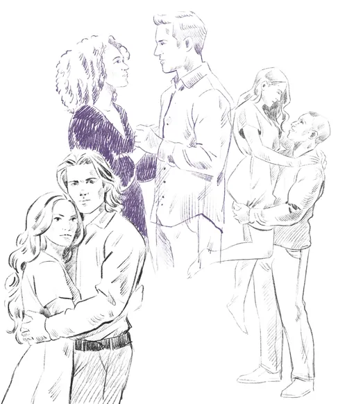 Black and white sketch of three couples embracing by Julia Prokhotskaya
