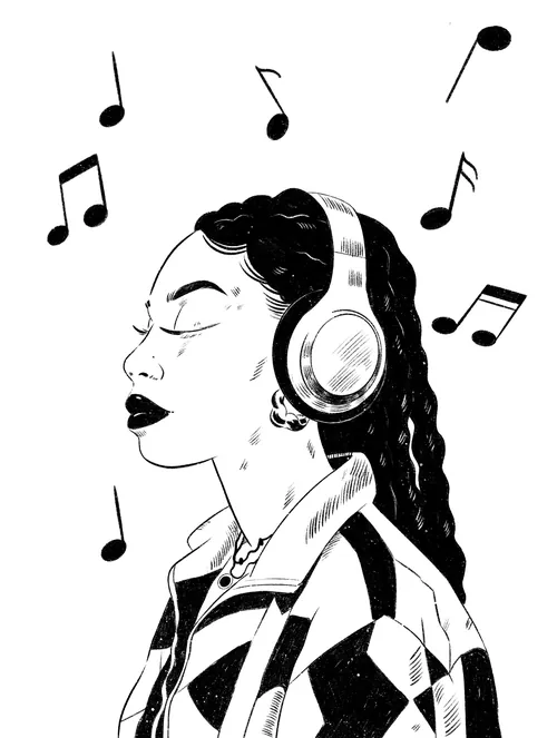 Julia Prokhotskaya illustration of a woman wearing headphones with musical notes