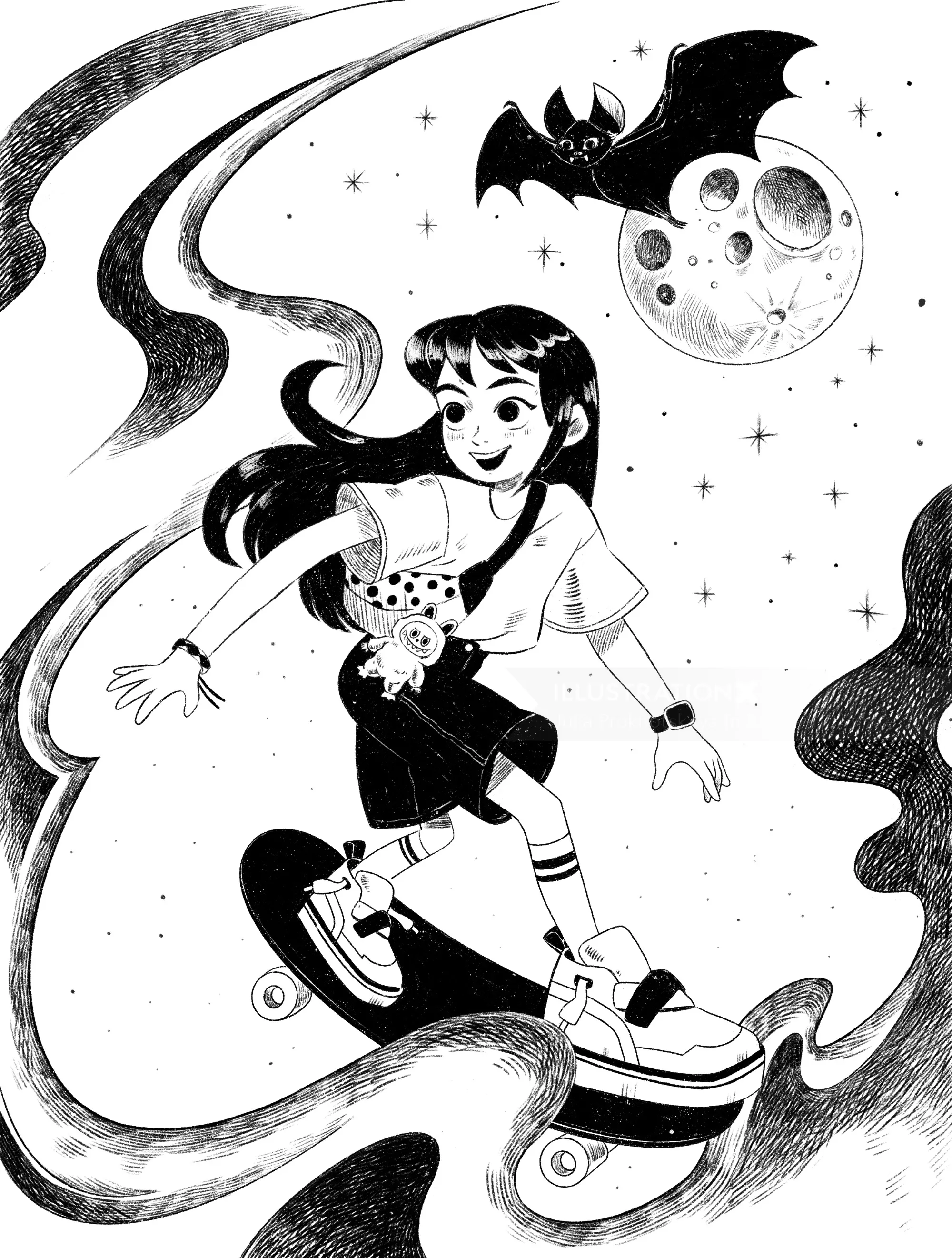 Julia Prokhotskaya illustration of a girl skateboarding among stars, planets, and cosmic shapes.