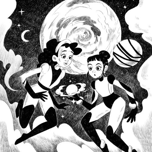 Black-and-white space illustration by Julia Prokhotskaya showing two girls floating among stars