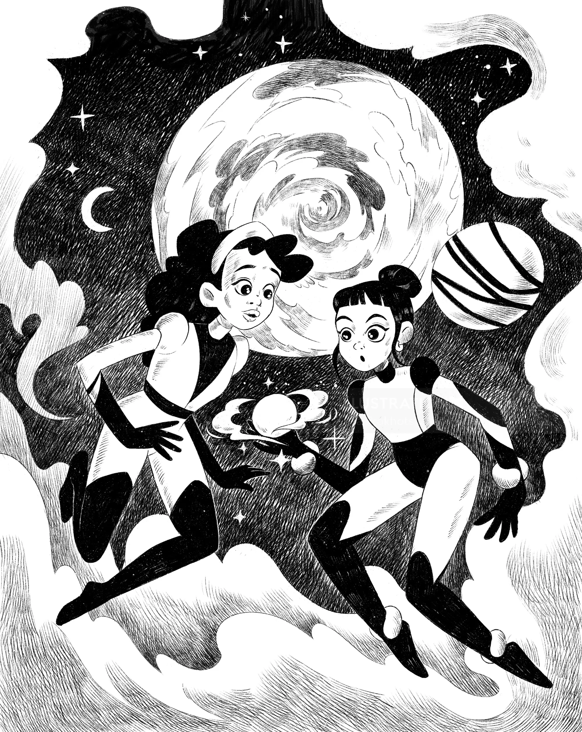 Black-and-white space illustration by Julia Prokhotskaya showing two girls floating among stars