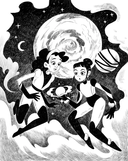 Black-and-white space illustration by Julia Prokhotskaya showing two girls floating among stars