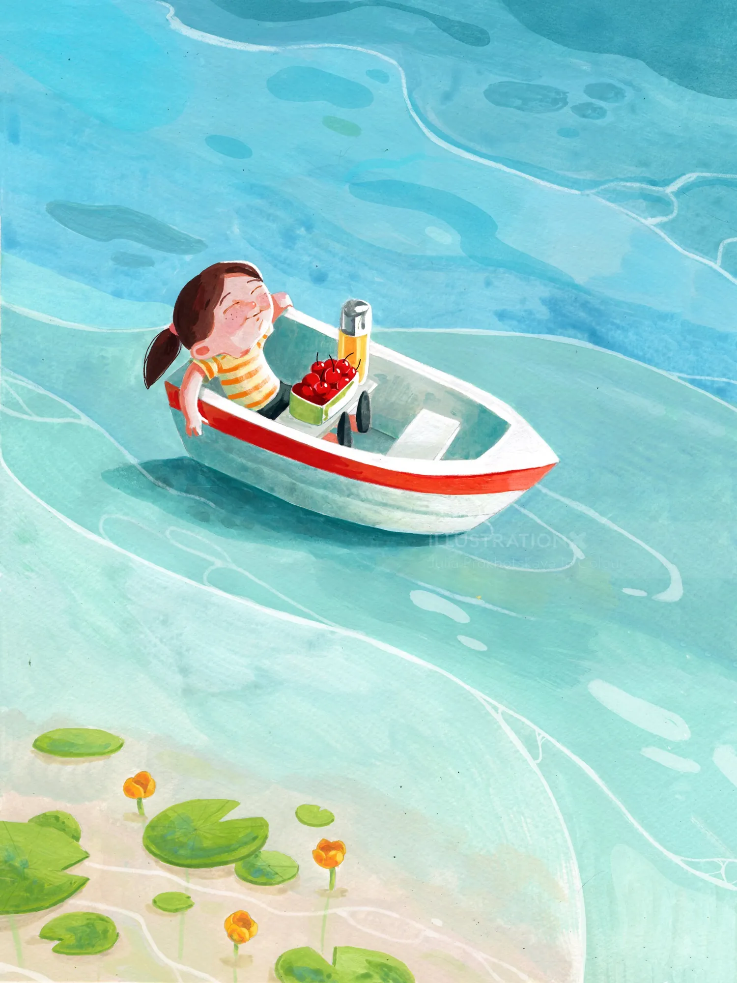 Girl in small boat on clear water with lily pads by Julia Prokhotskaya