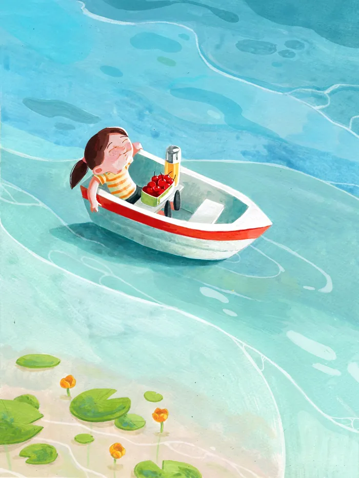 Girl in small boat on clear water with lily pads by Julia Prokhotskaya