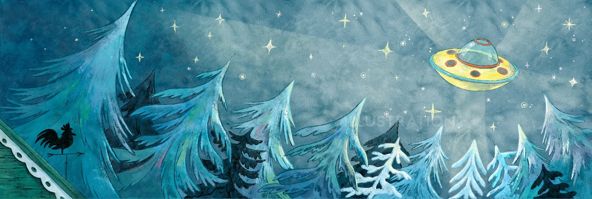 UFO flying over snowy pine forest at night by Julia Prokhotskaya