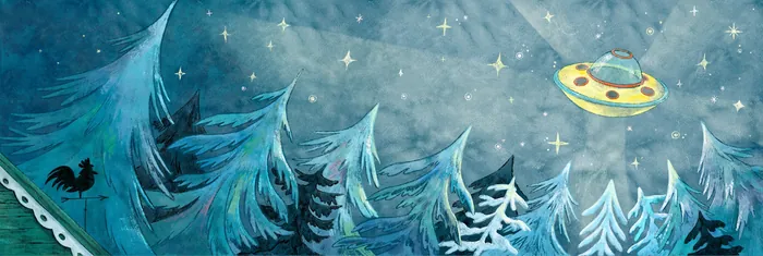 UFO flying over snowy pine forest at night by Julia Prokhotskaya