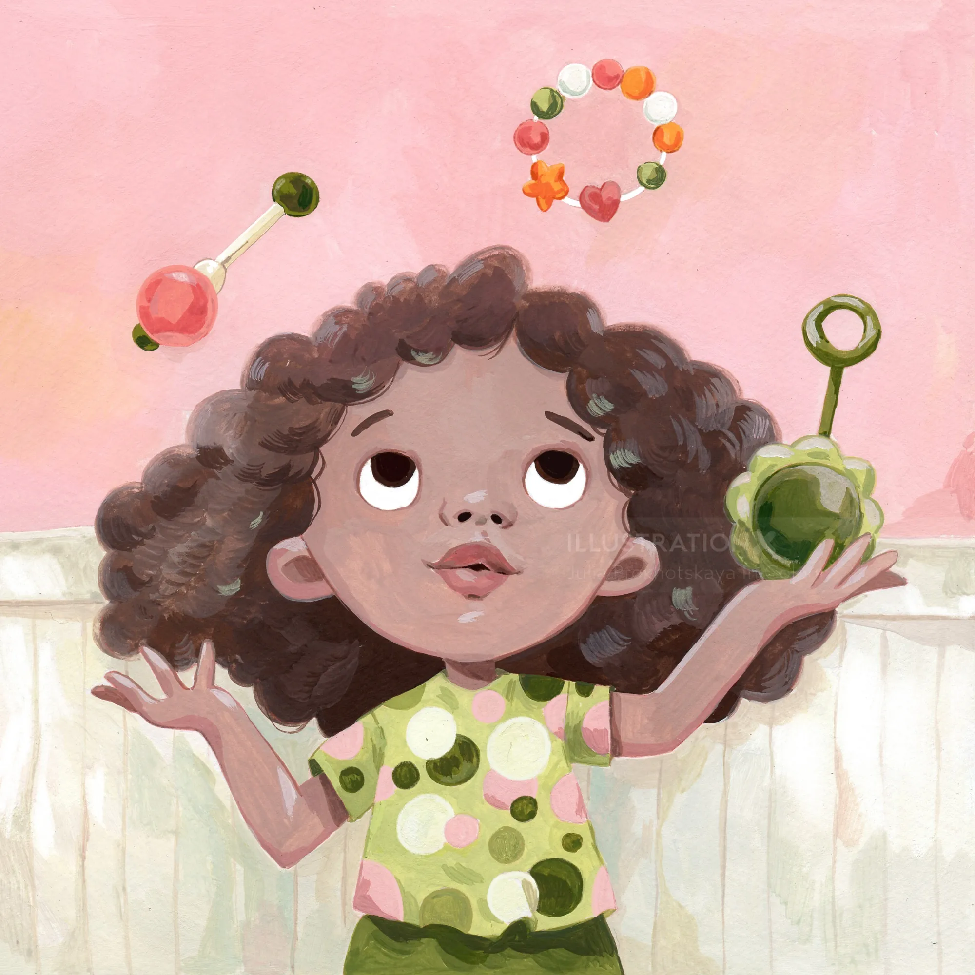 Curly-haired girl joyfully juggling colorful toys on pink backdrop