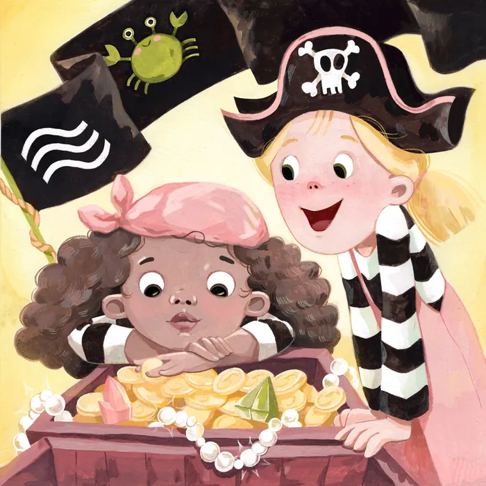 Two children in pirate costumes with treasure and a crab