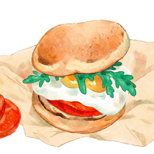 Watercolor sandwich with lettuce, tomato, and sauce on paper