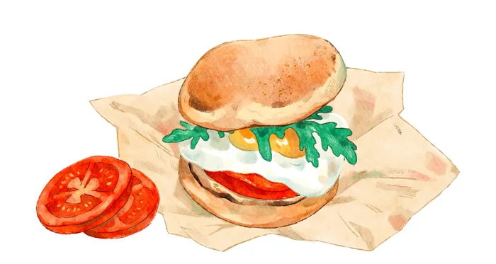 Watercolor sandwich with lettuce, tomato, and sauce on paper