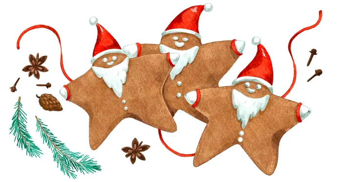 Gingerbread star cookies with Santa hats and festive spices decoration