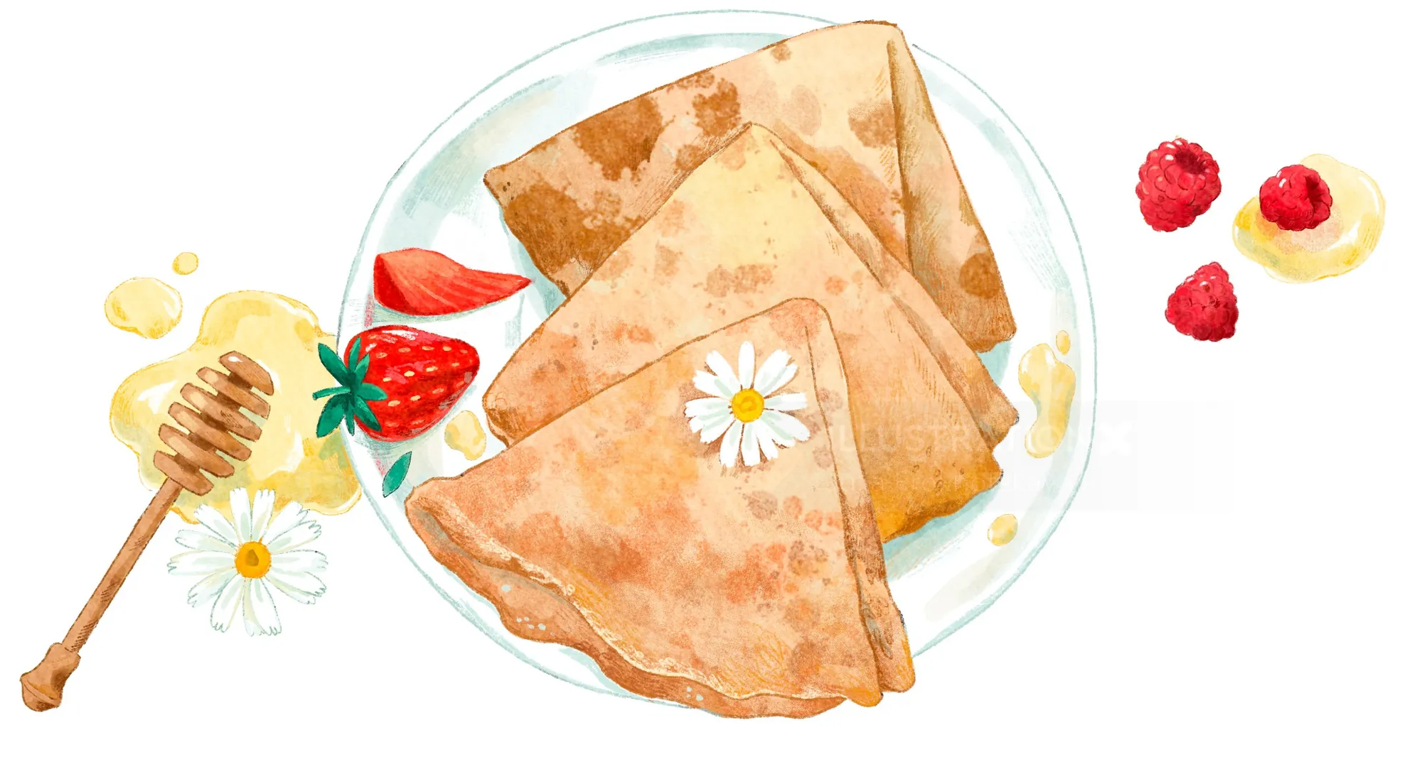 Three crepes on a plate with honey, strawberries, raspberries, and daisies