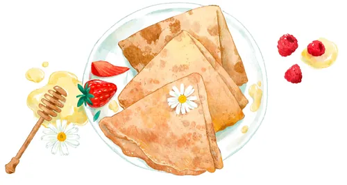 Three crepes on a plate with honey, strawberries, raspberries, and daisies