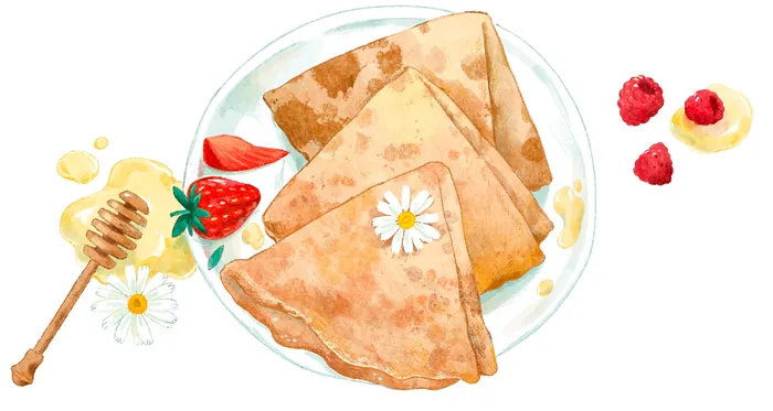 Three crepes on a plate with honey, strawberries, raspberries, and daisies