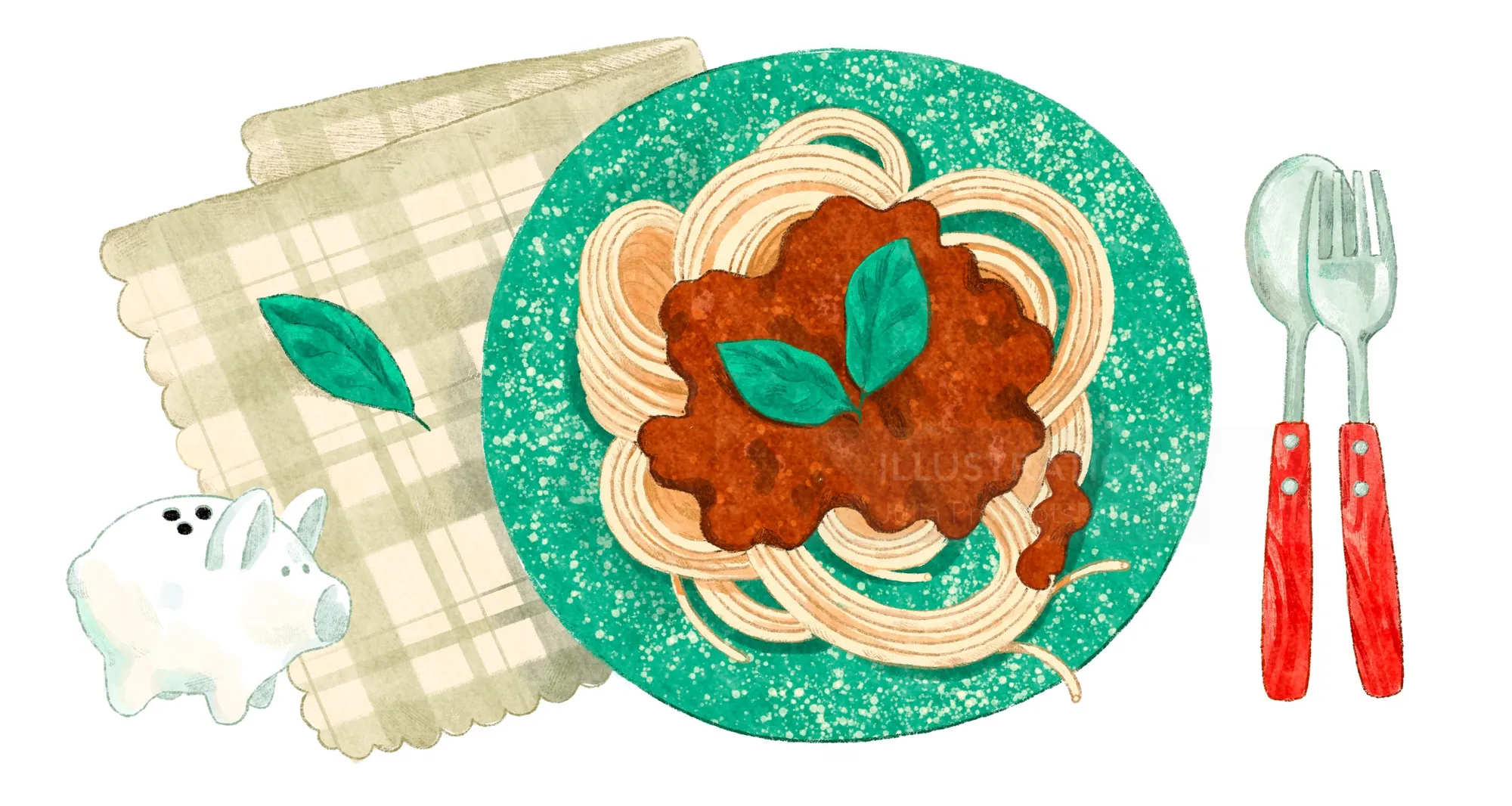Plate of spaghetti with meat sauce and basil leaves next to fork and spoon.