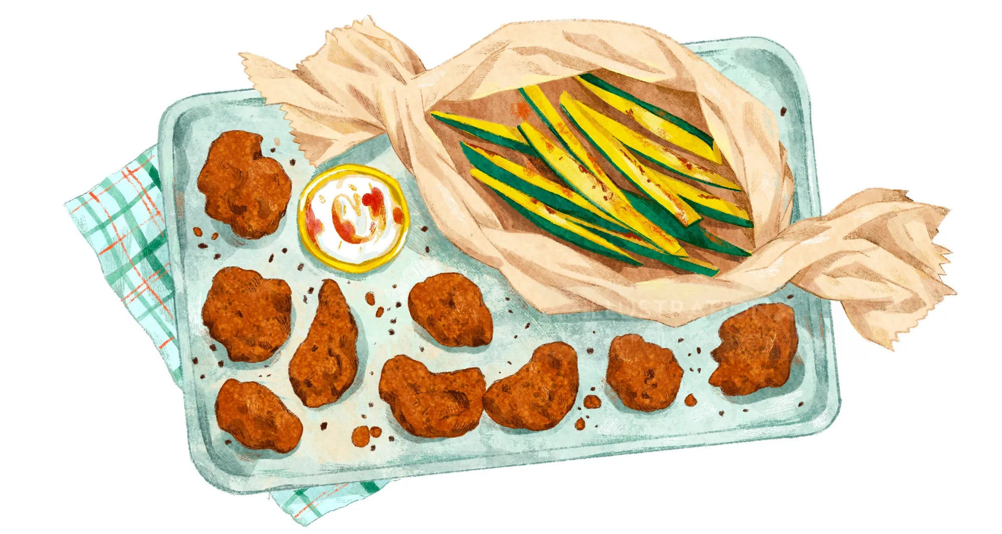 Tray with fried chicken wings, dipping sauces, and wrapped green beans