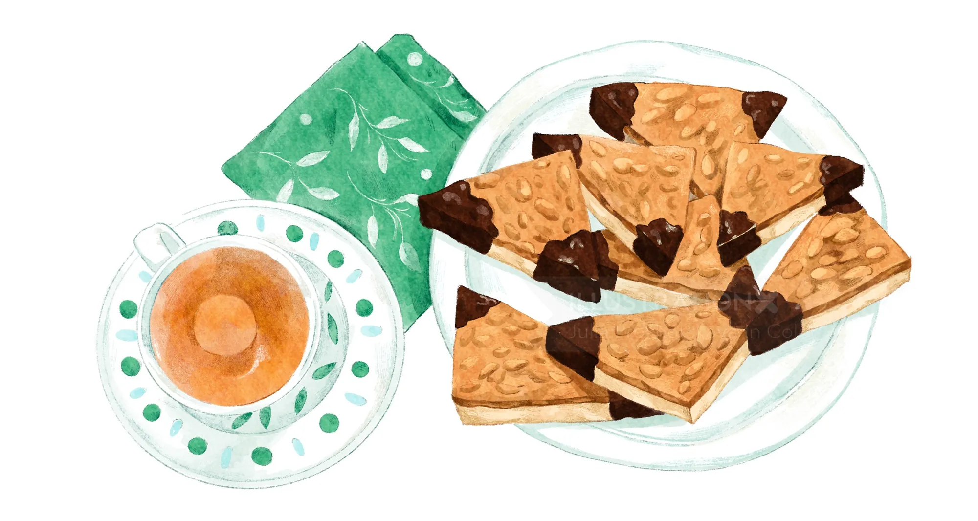 Plate of chocolate-dipped shortbread cookies and coffee cup